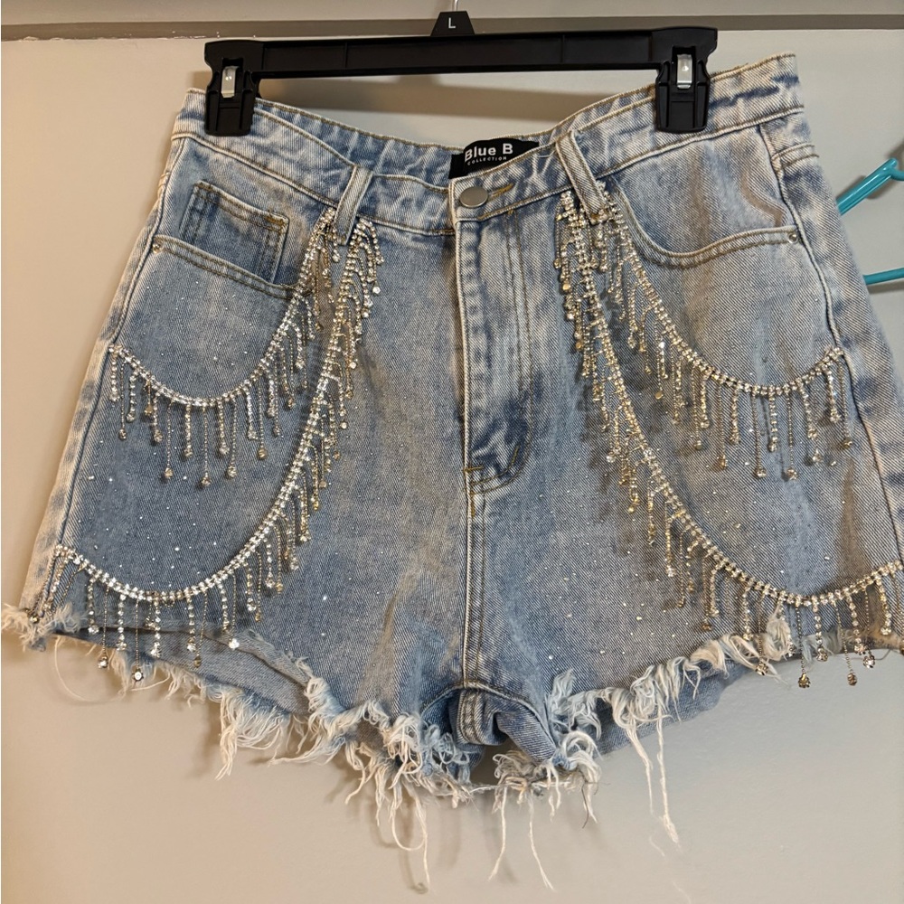 Women's Light Blue Denim Shorts with Fringe Detail